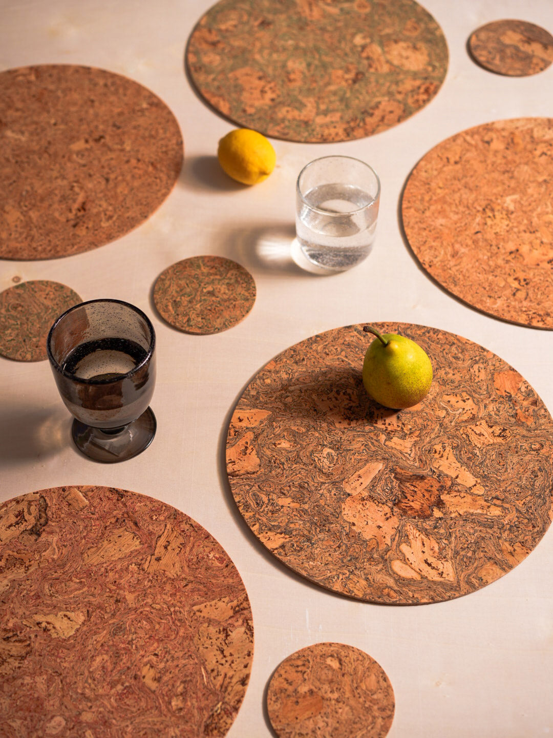 Natural cork coasters and placemats
