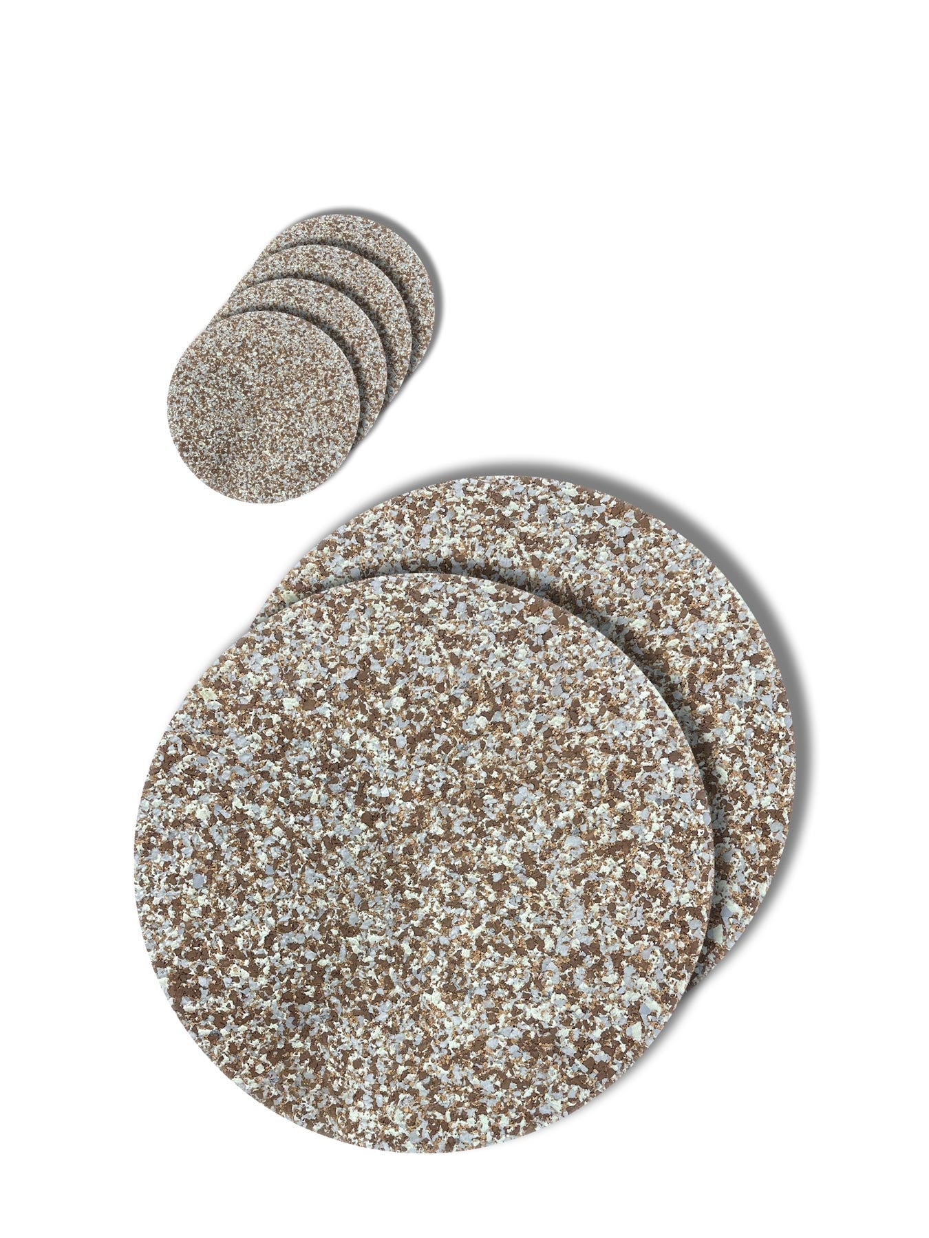 Cork and recycled rubber placemat and coaster set. Warm grey