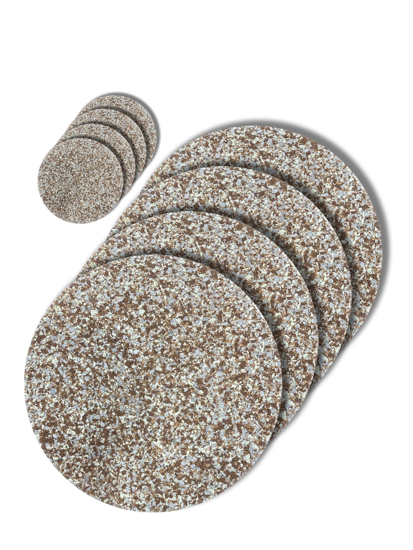 Speckled cork and recycled rubber placemats and coasters combo set 3. Warm grey