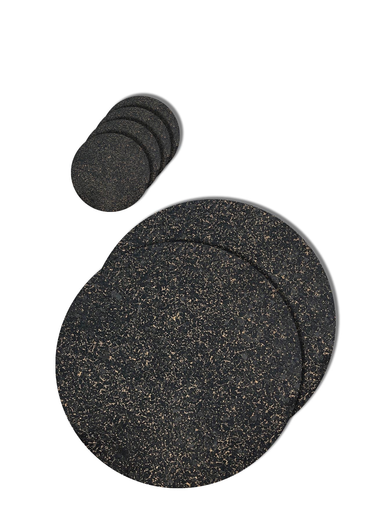 Cork and recycled rubber placemat and coaster set. Charcoal