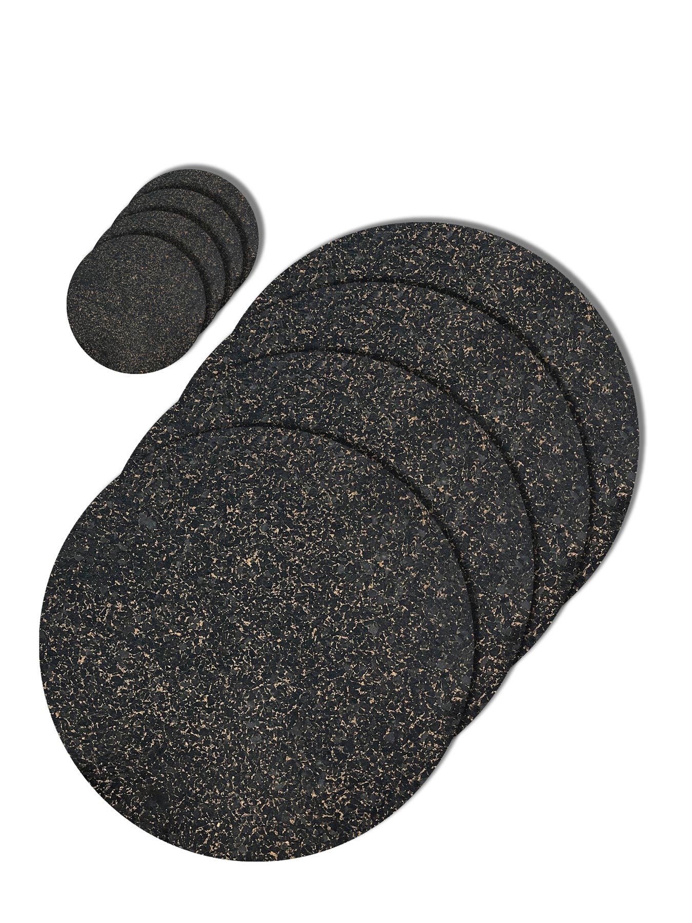 Speckled cork and recycled rubber placemats and coasters combo set 3.  Charcoal