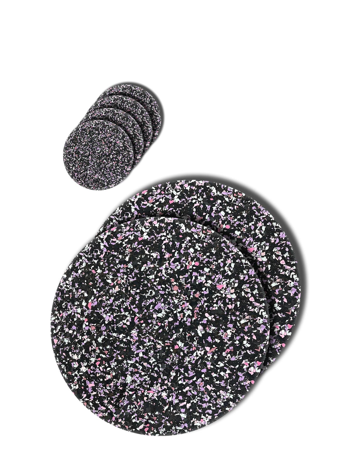 Cork and recycled rubber placemat and coaster set. Black and purple
