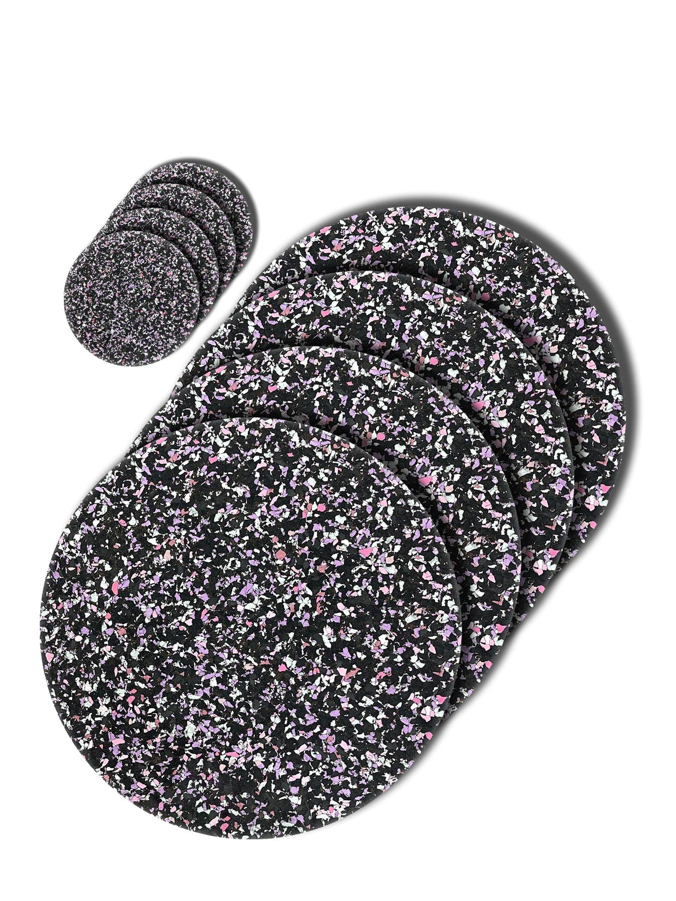 Speckled cork and recycled rubber placemats and coasters combo set 3. black and purple
