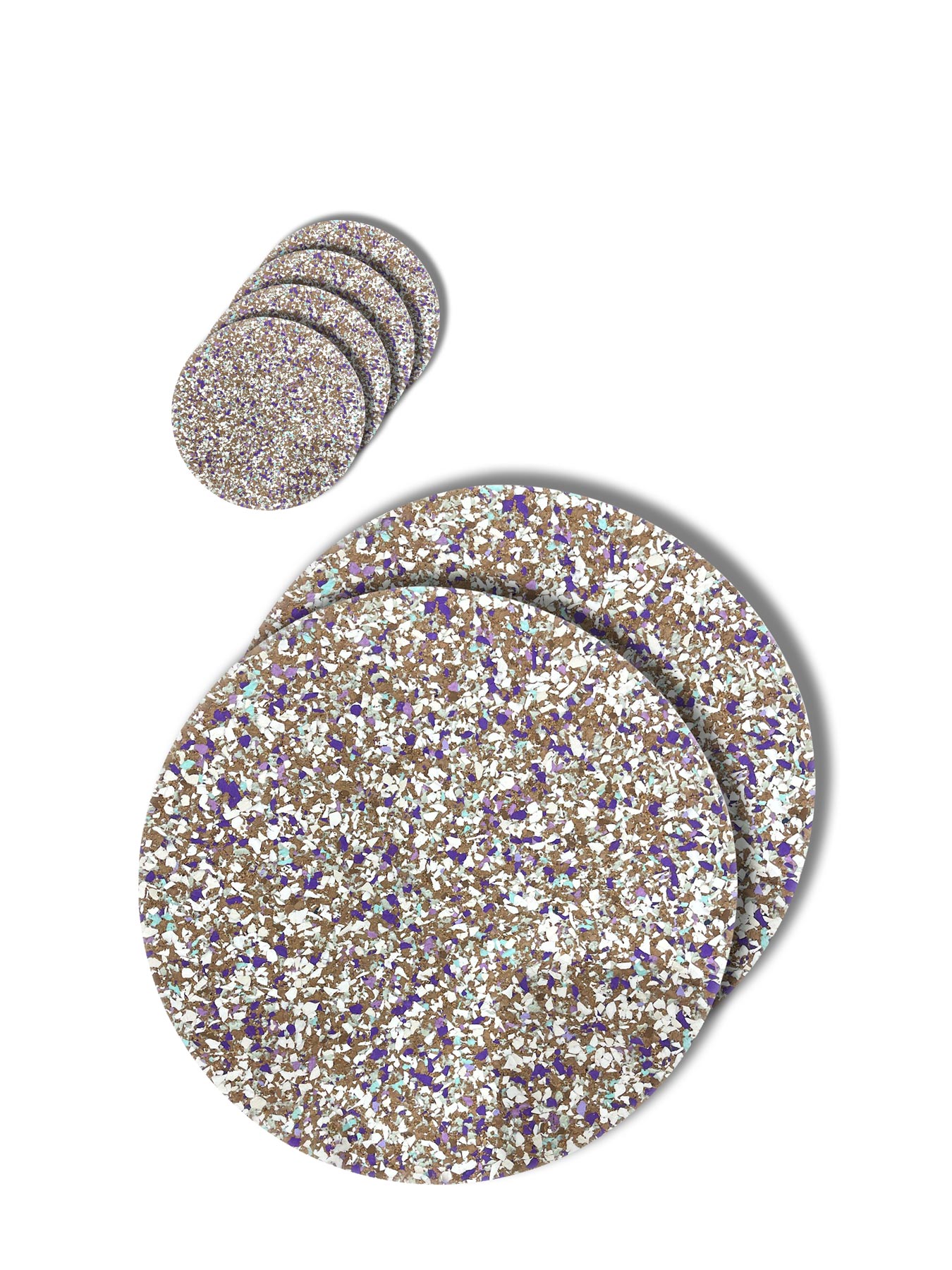 Cork and recycled rubber placemat and coaster set. Purple