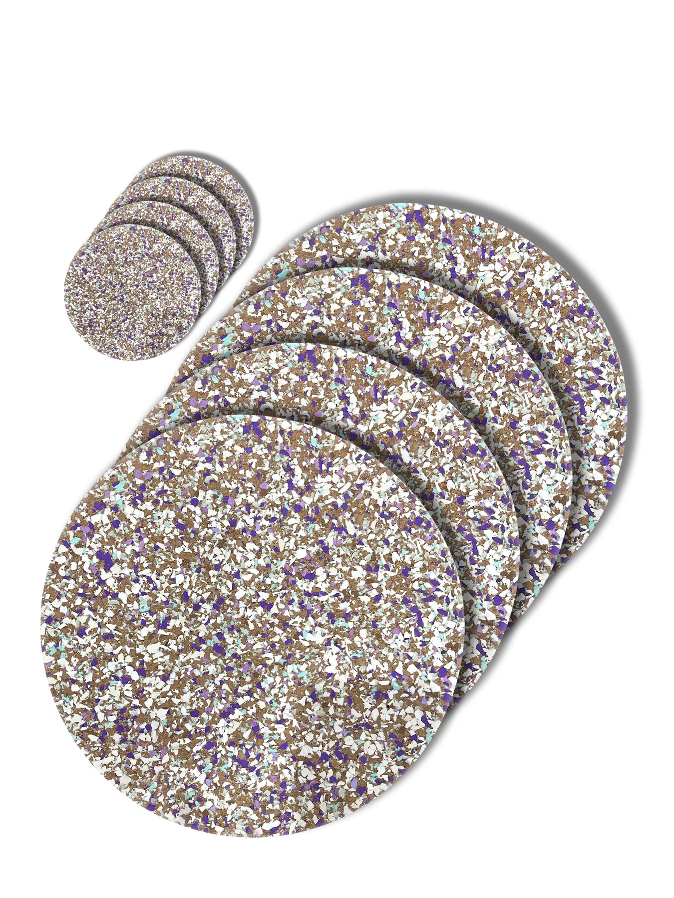Speckled cork and recycled rubber placemats and coasters combo set 3.  Purple