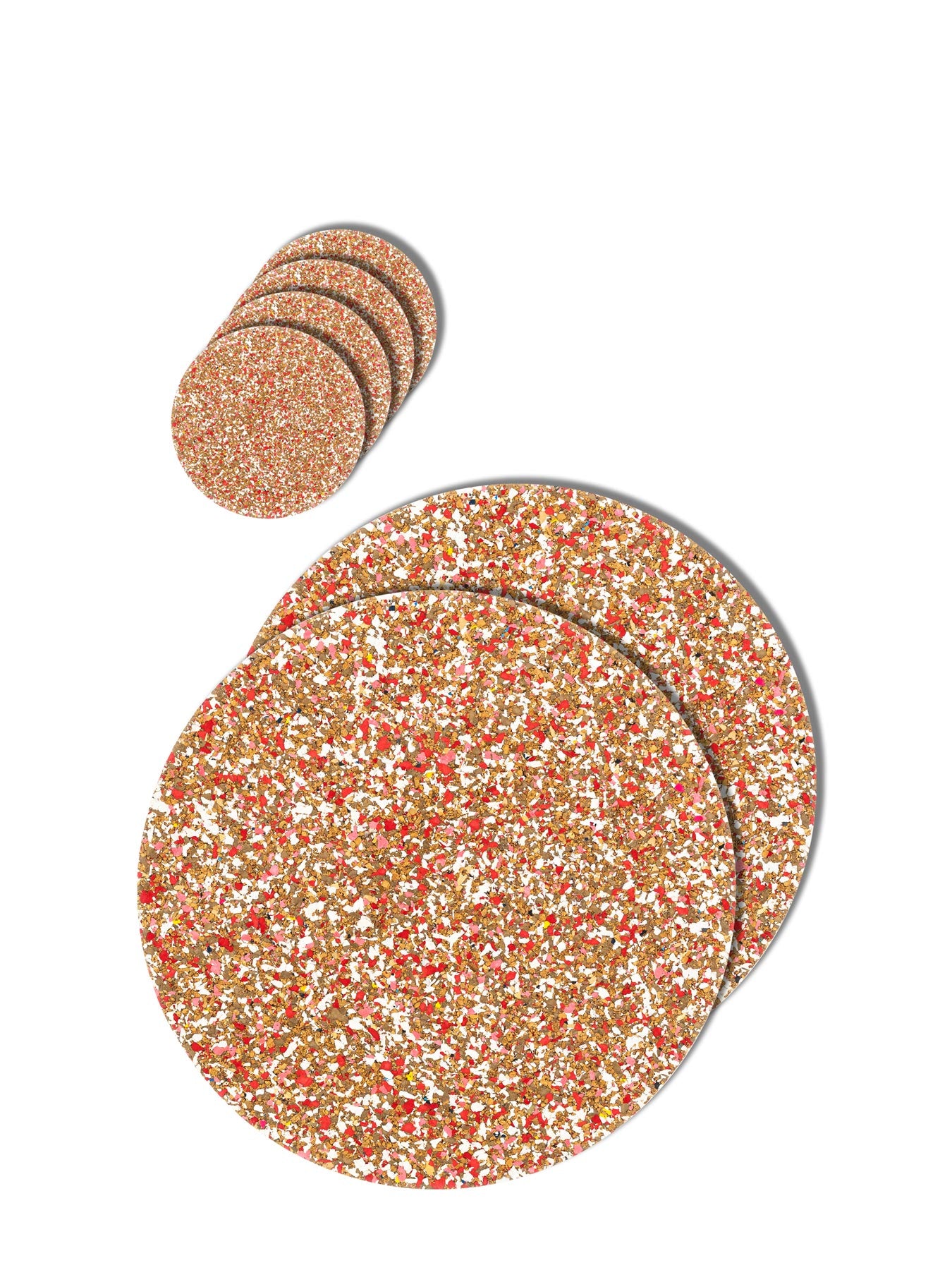 Cork and recycled rubber placemat and coaster set. Red