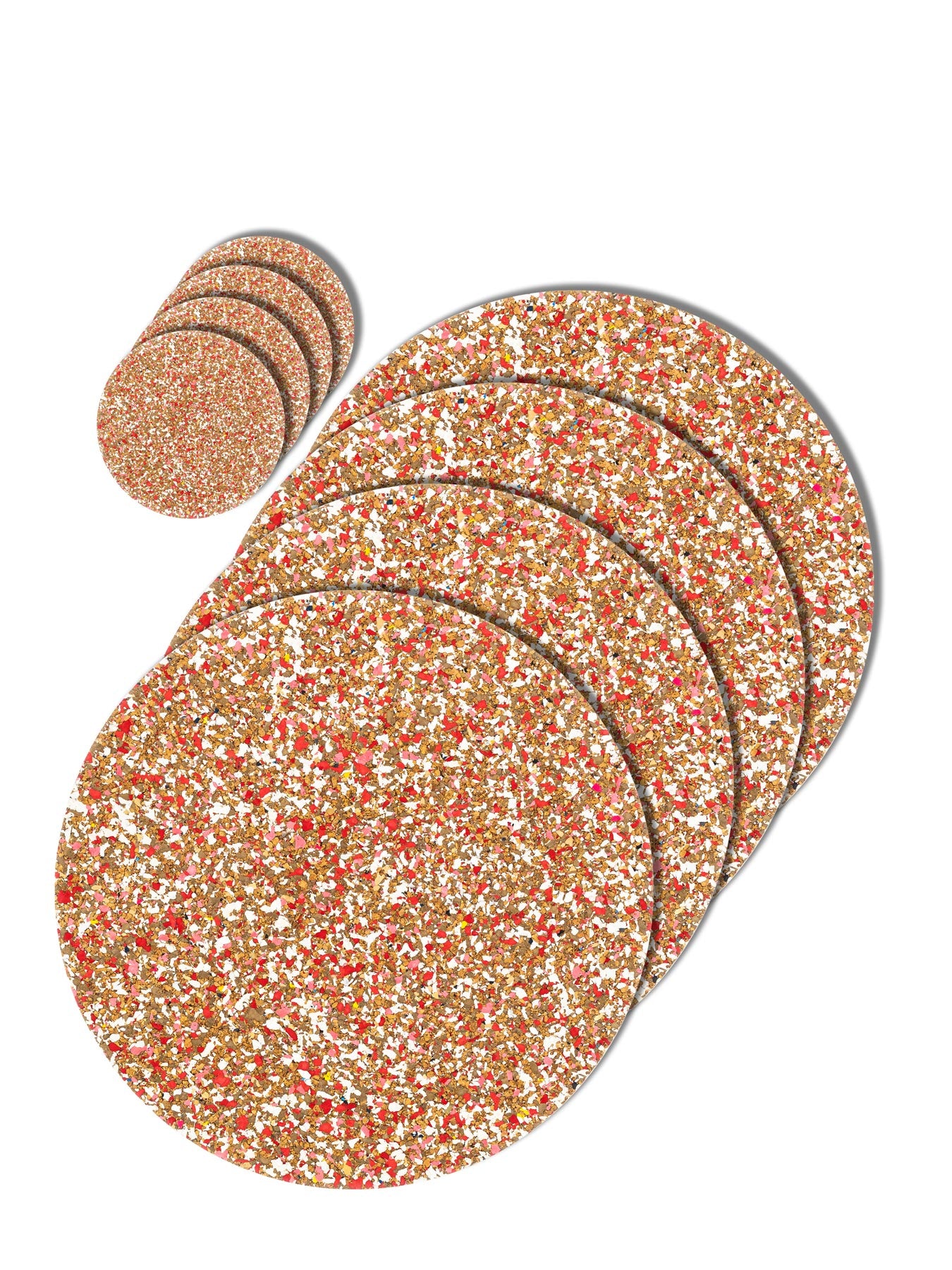 Speckled cork and recycled rubber placemats and coasters combo set 3.  Red