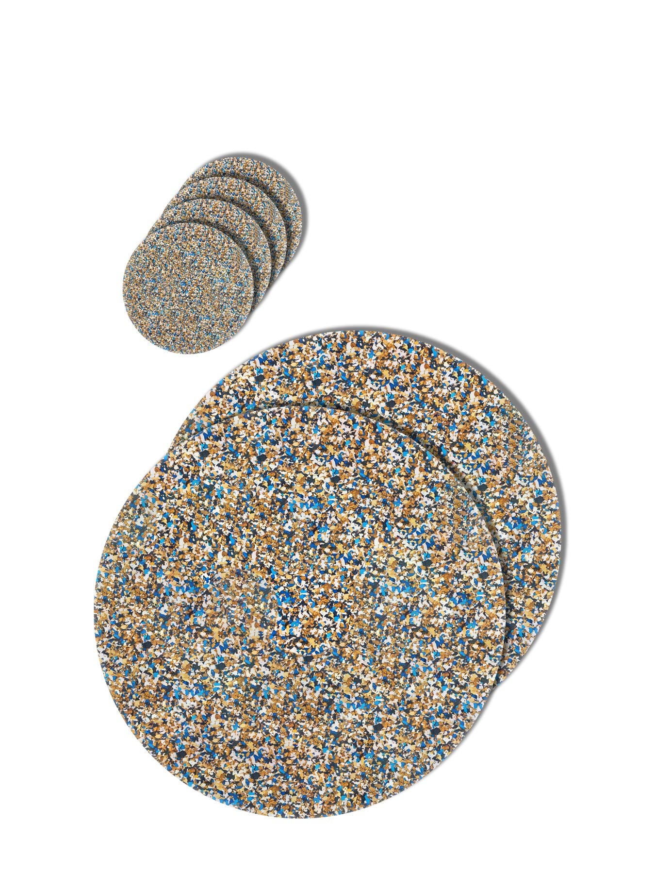 Cork and recycled rubber placemat and coaster set. Blue