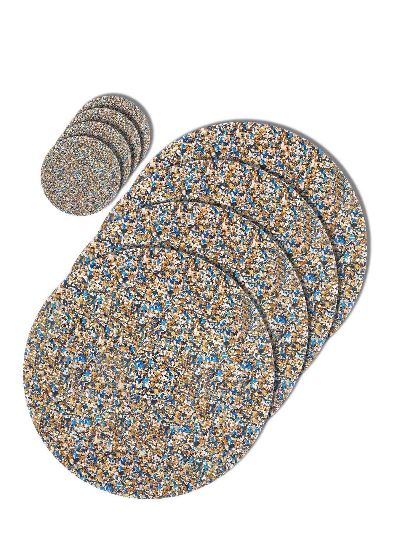 Speckled cork and recycled rubber placemats and coasters combo set 3.  Blue