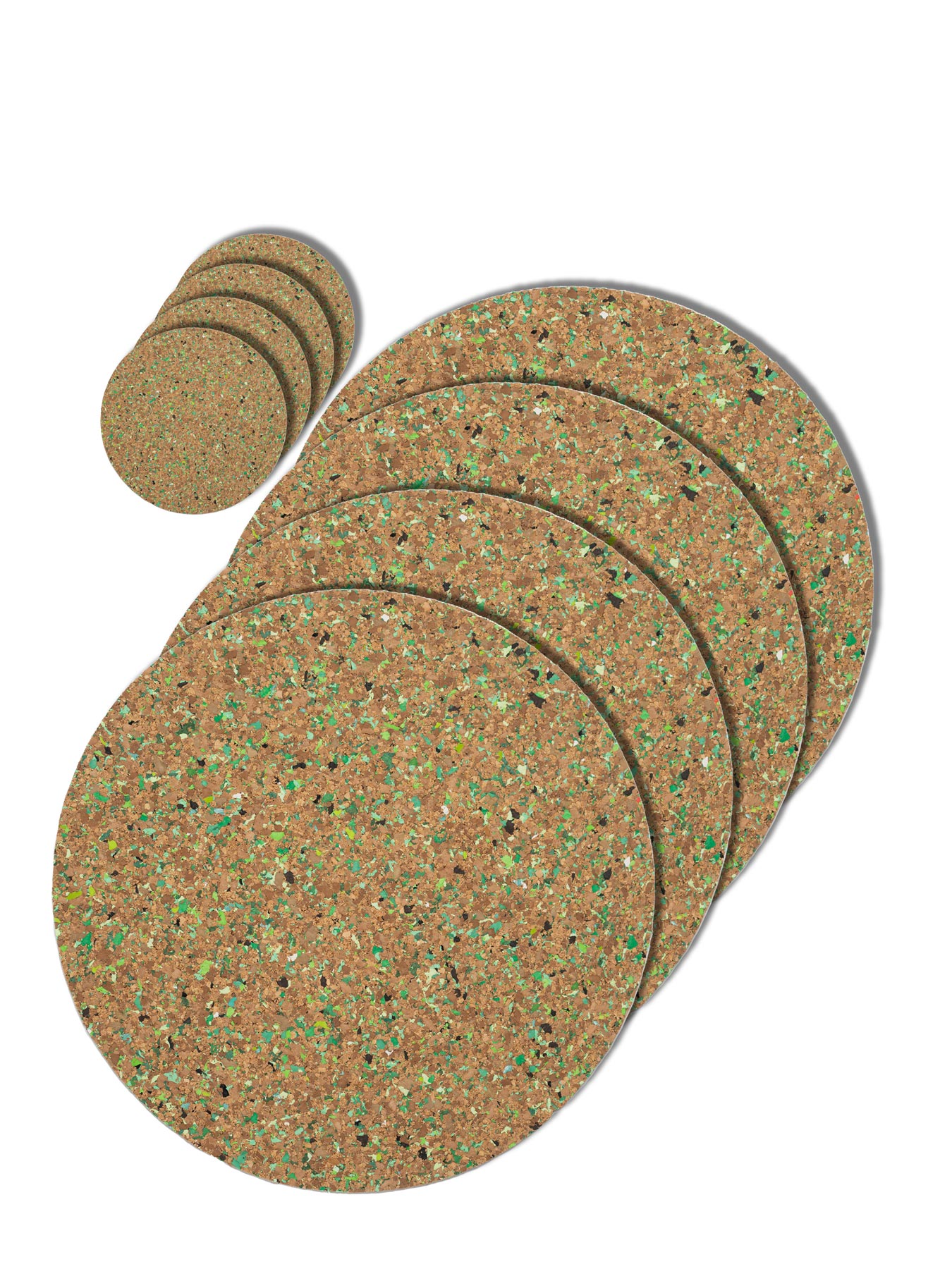 Speckled cork and recycled rubber placemats and coasters combo set 3.  Green