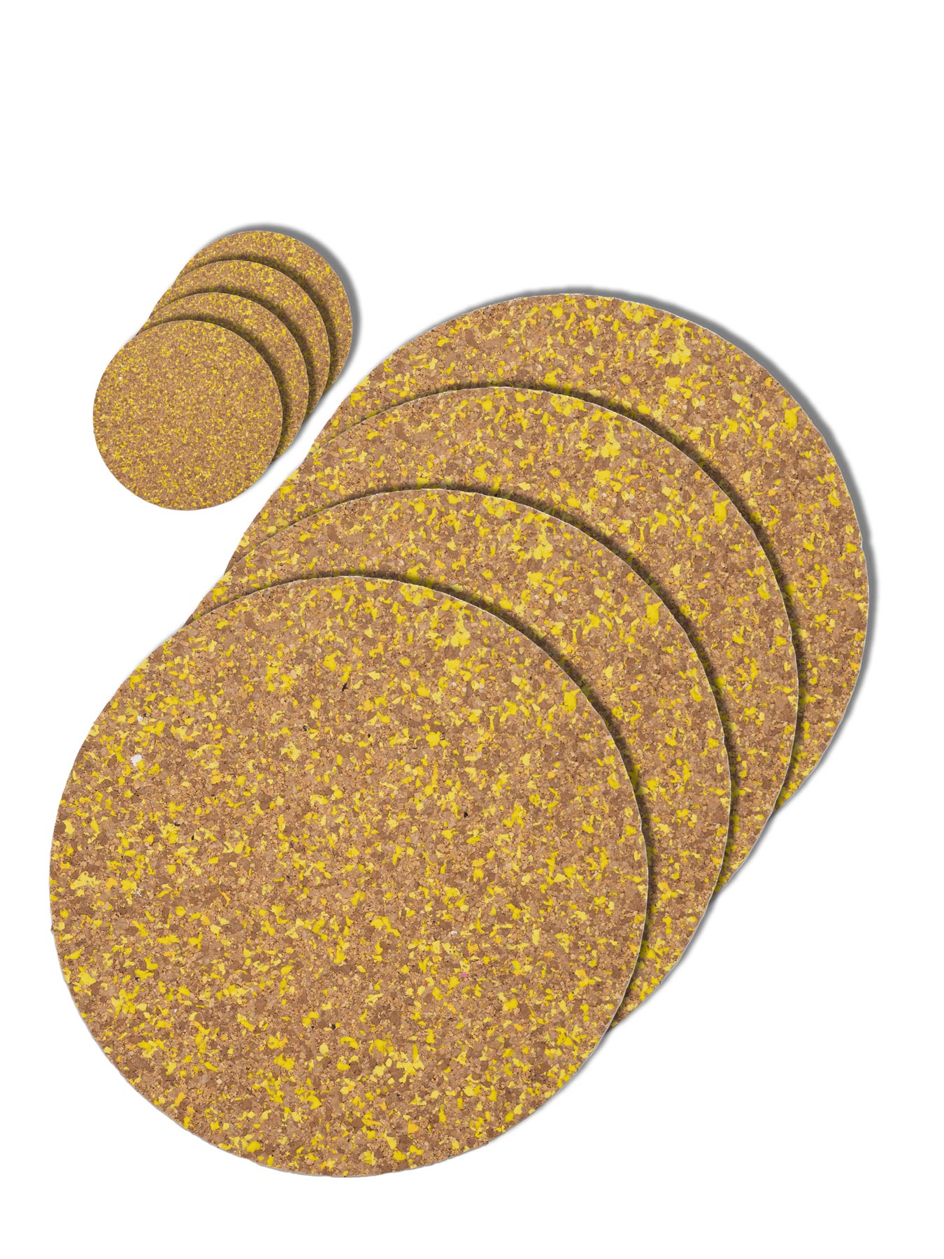 Speckled cork and recycled rubber placemats and coasters combo set 3.  Yellow