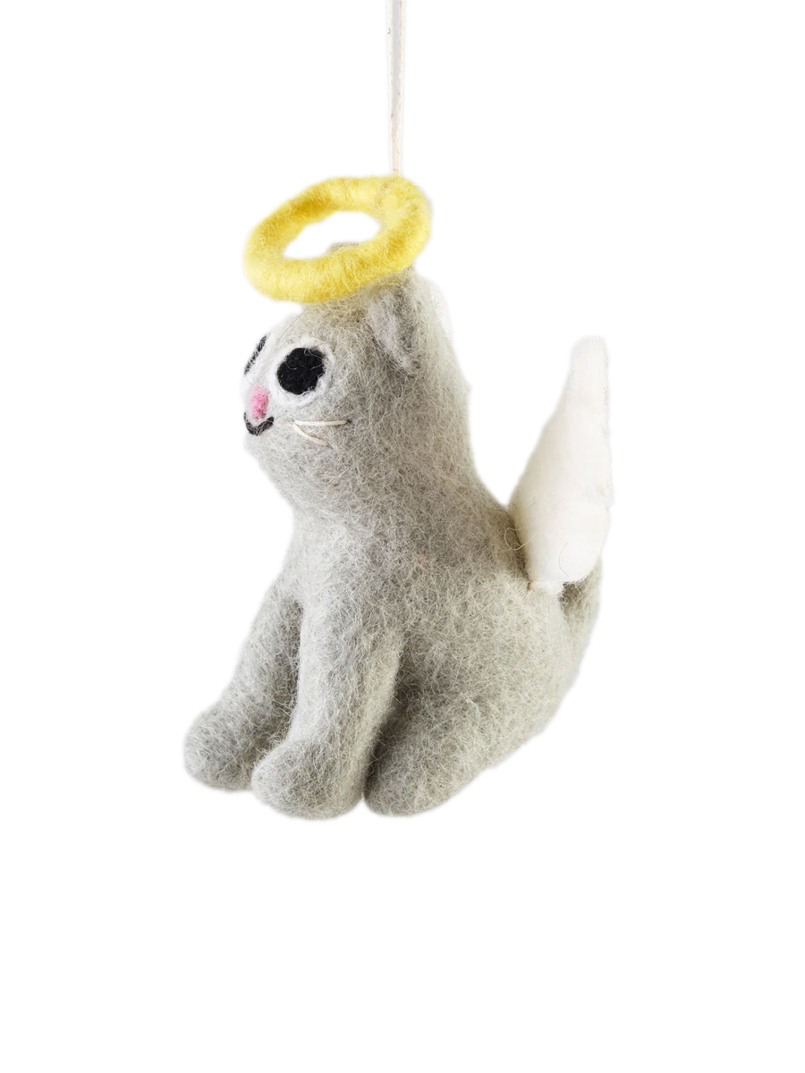 Grey cat with halo and wings hanging christmas decoration 