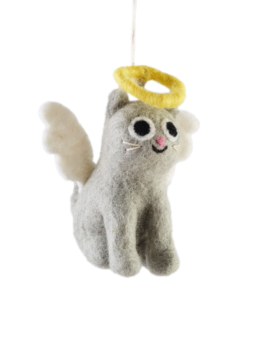 Grey cat with halo and wings hanging christmas decoration 