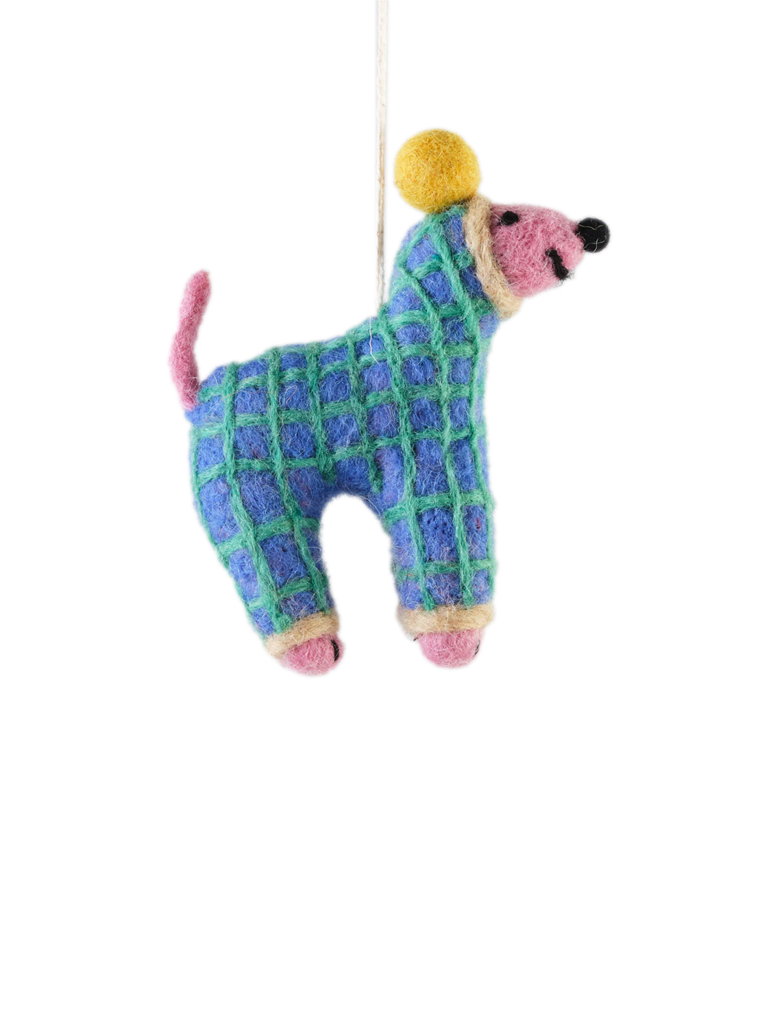 Pink greyhound in blue jumper wool christmas hanging decoration