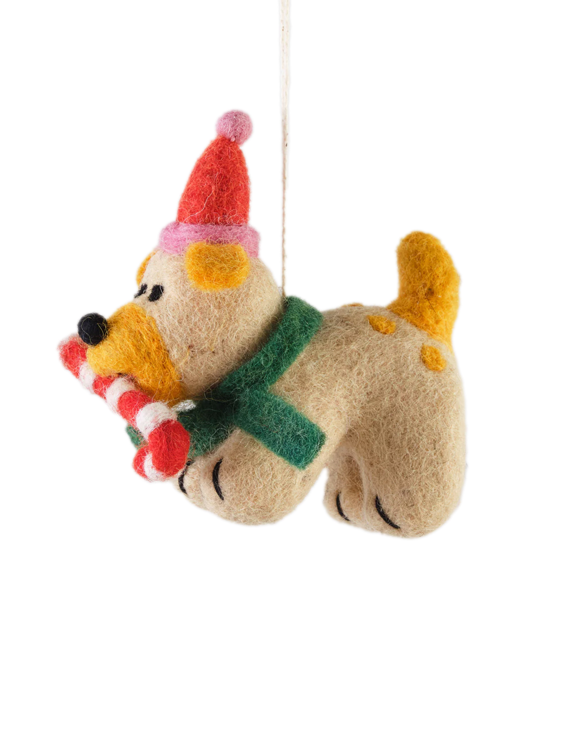 Dog with candy cane wool christmas hanging decoration