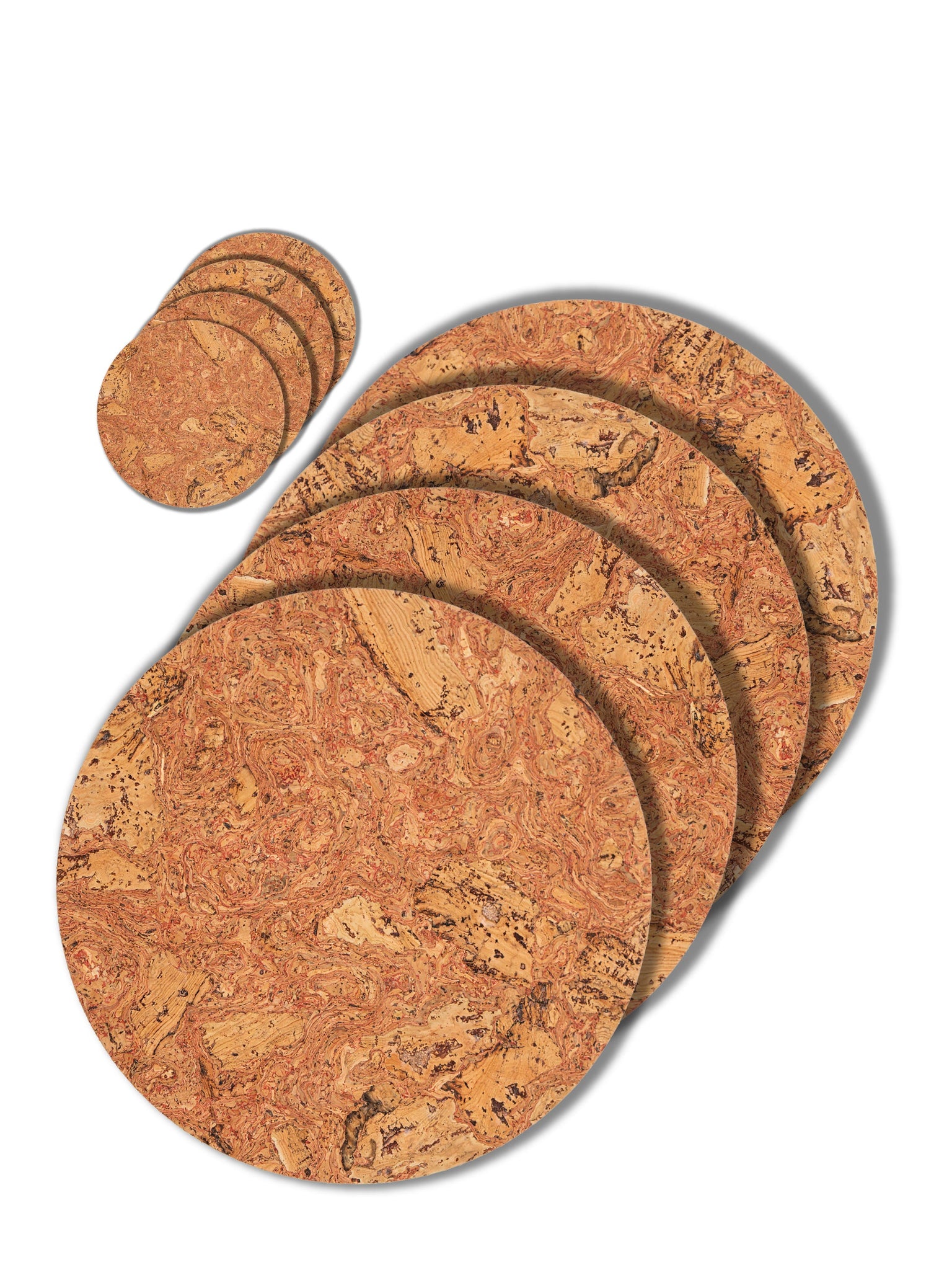 Natural cork coaster and placemat set in red