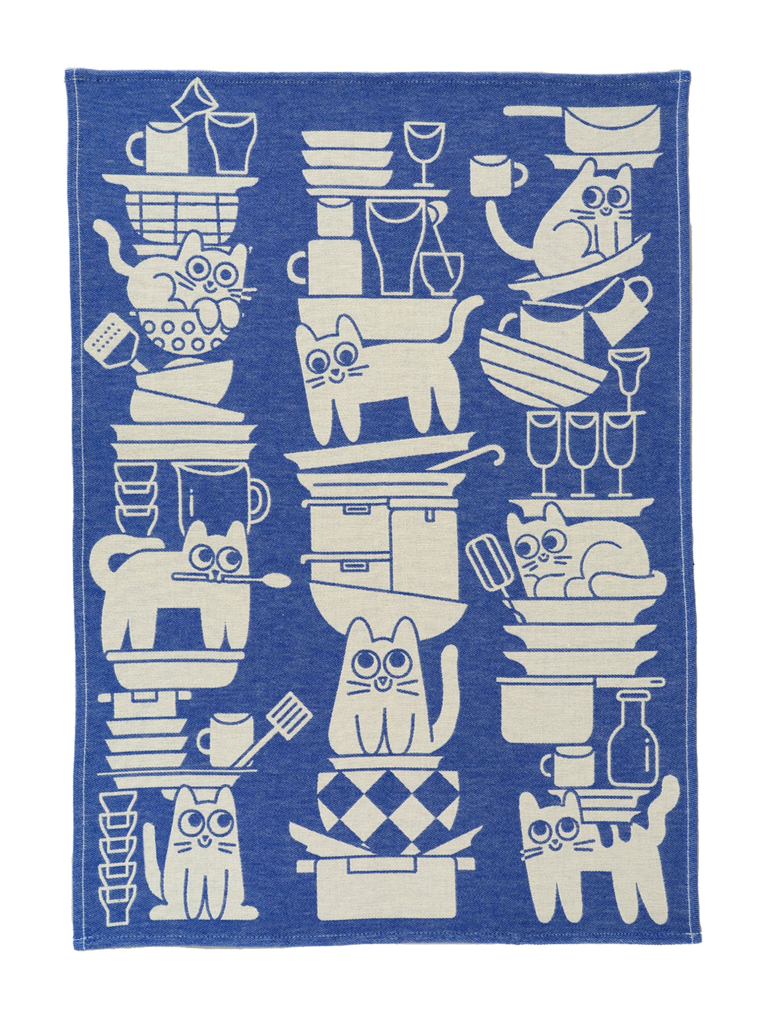 Blue and white cat illustrated tea towel by Elliott Kruszynski for Wrap Magazine