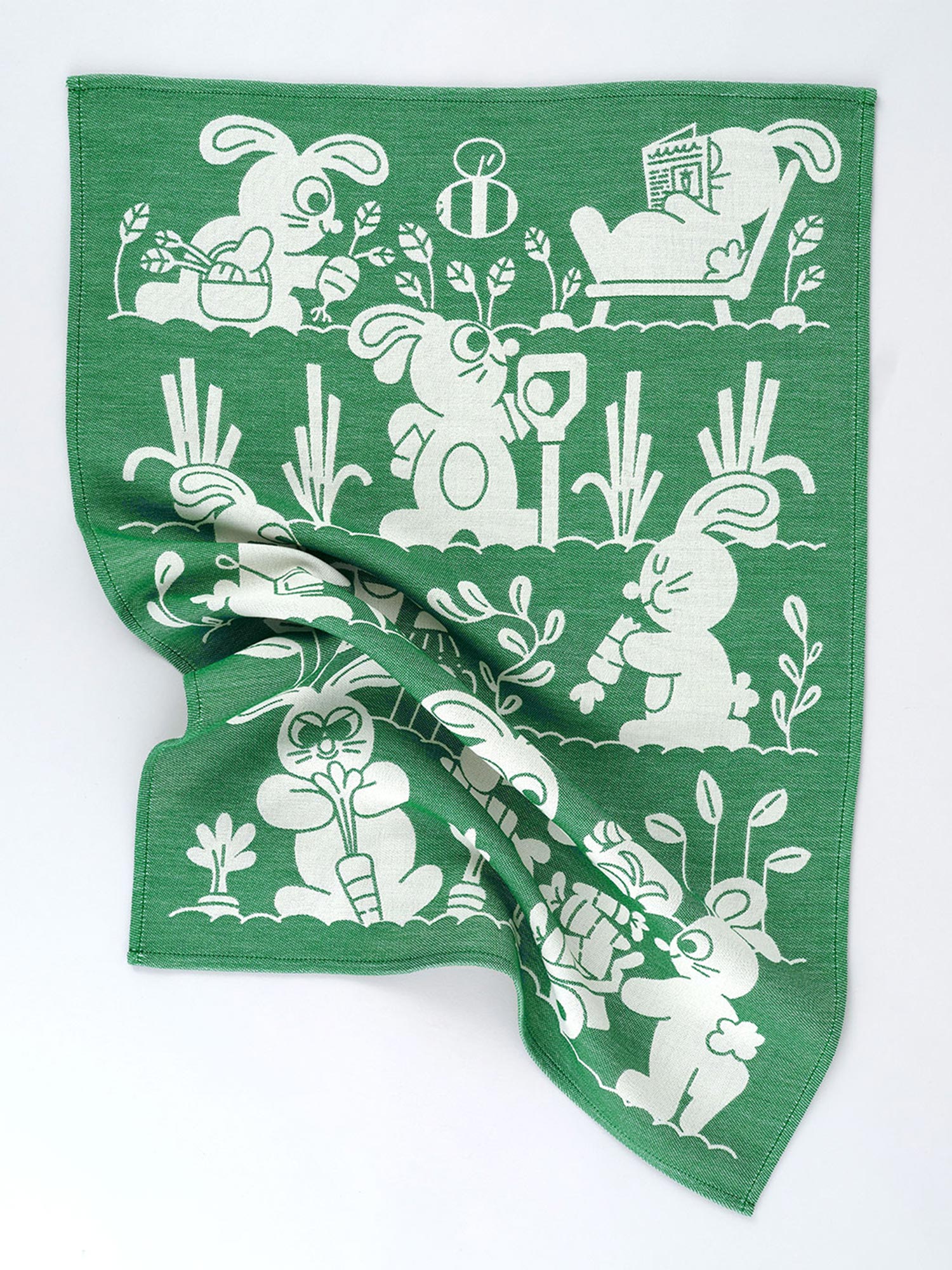 rabbit graphic tea towel in green by Elliot Kruszynski for Wrap Magazine