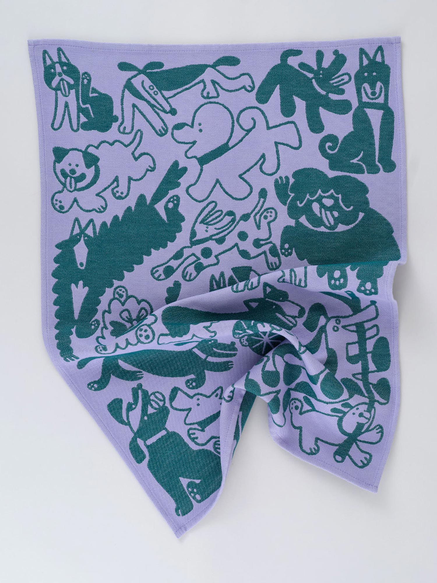 dog graphic tea towel in purple and green