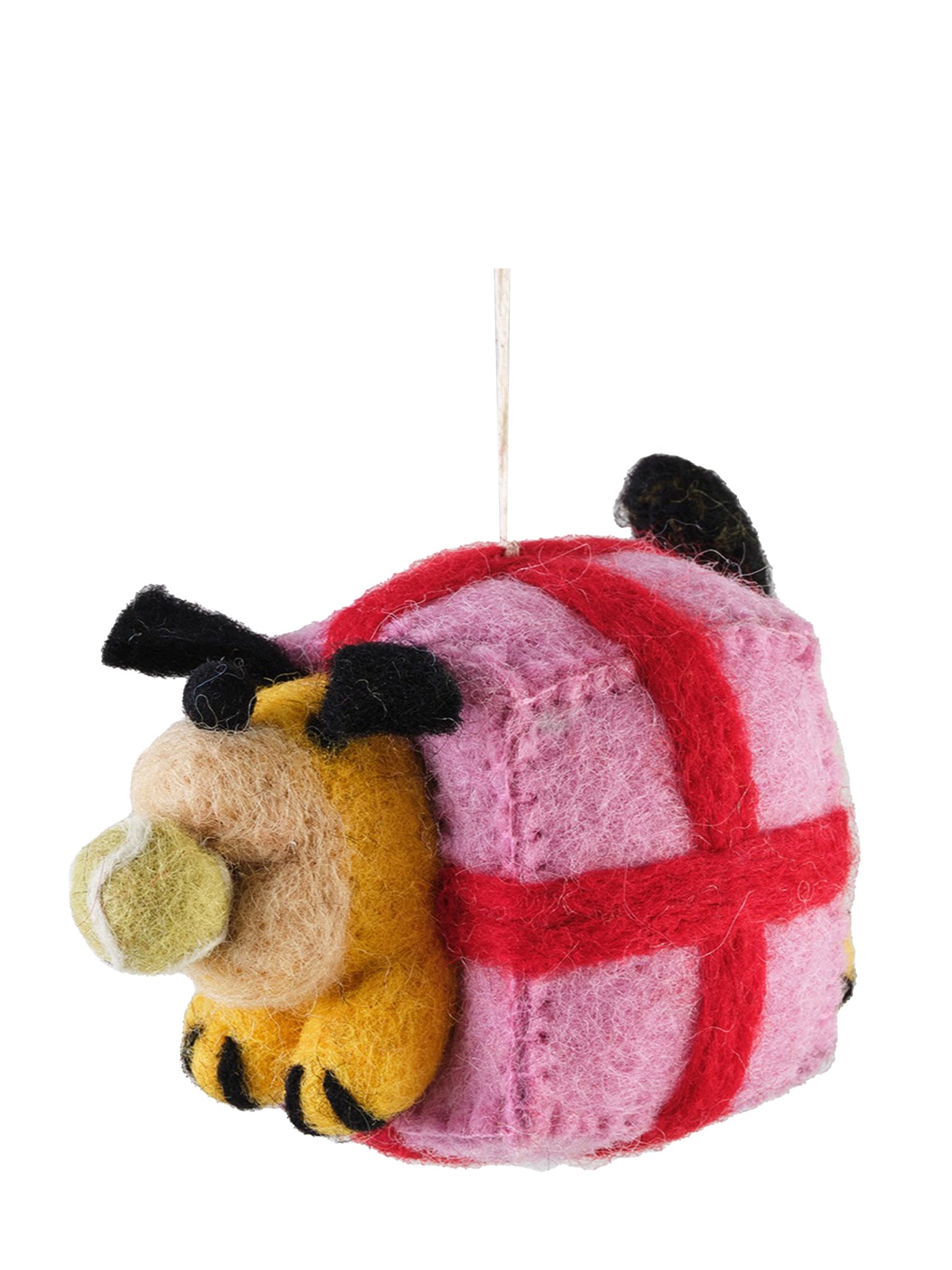 yellow dog in pink present box christmas hanging decoration