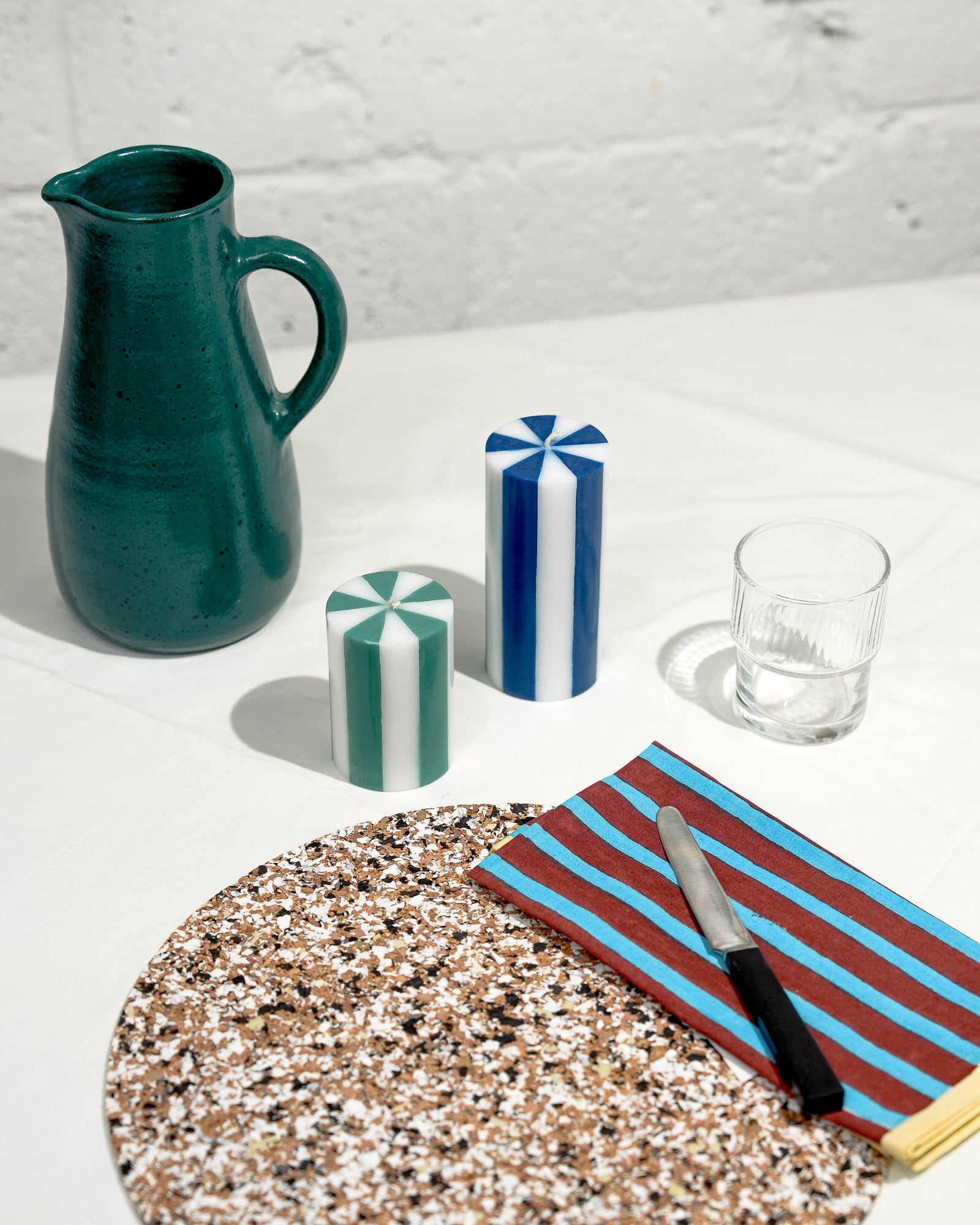 stripe pillar candle in green and white