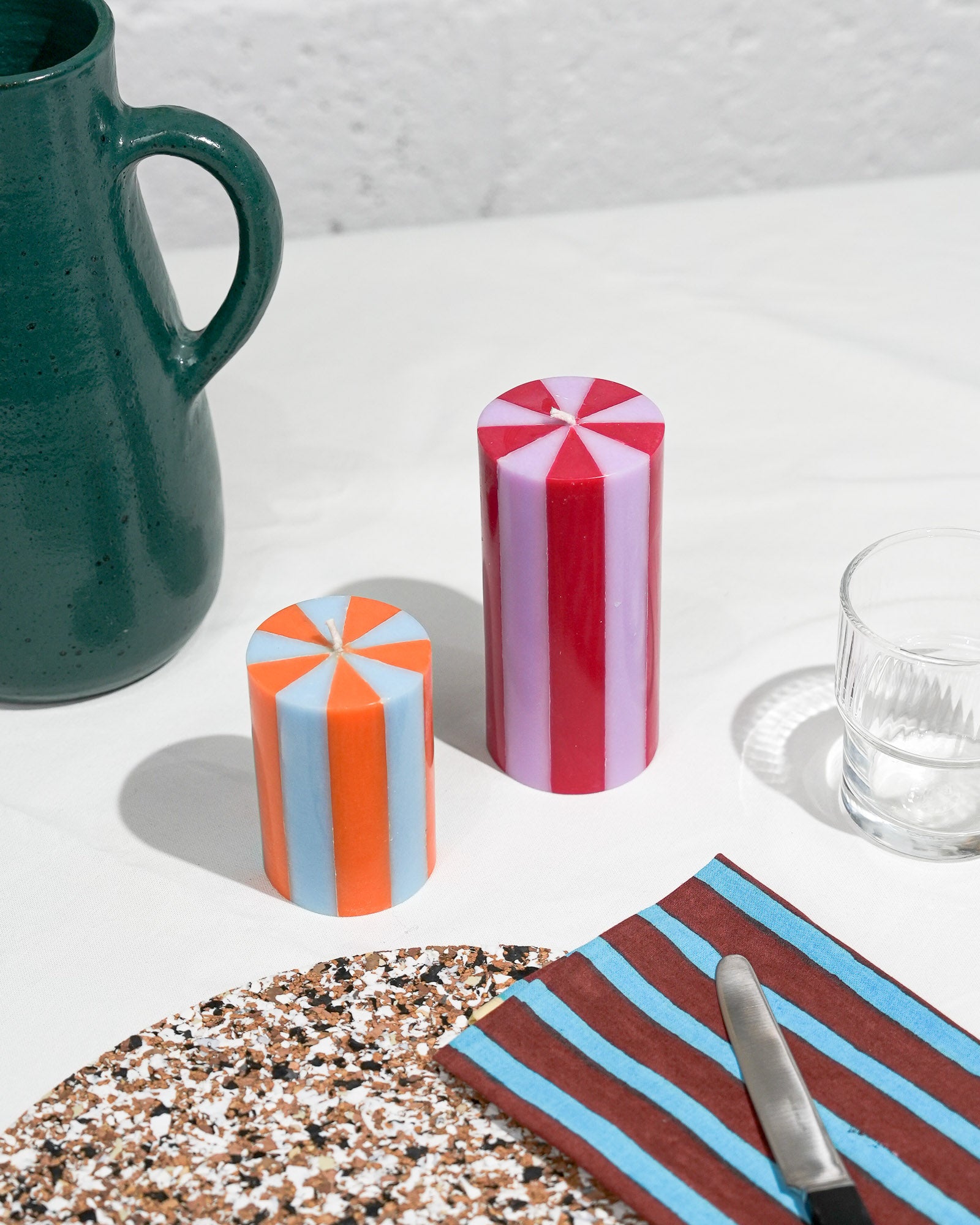 stripe pillar candle in green and white
