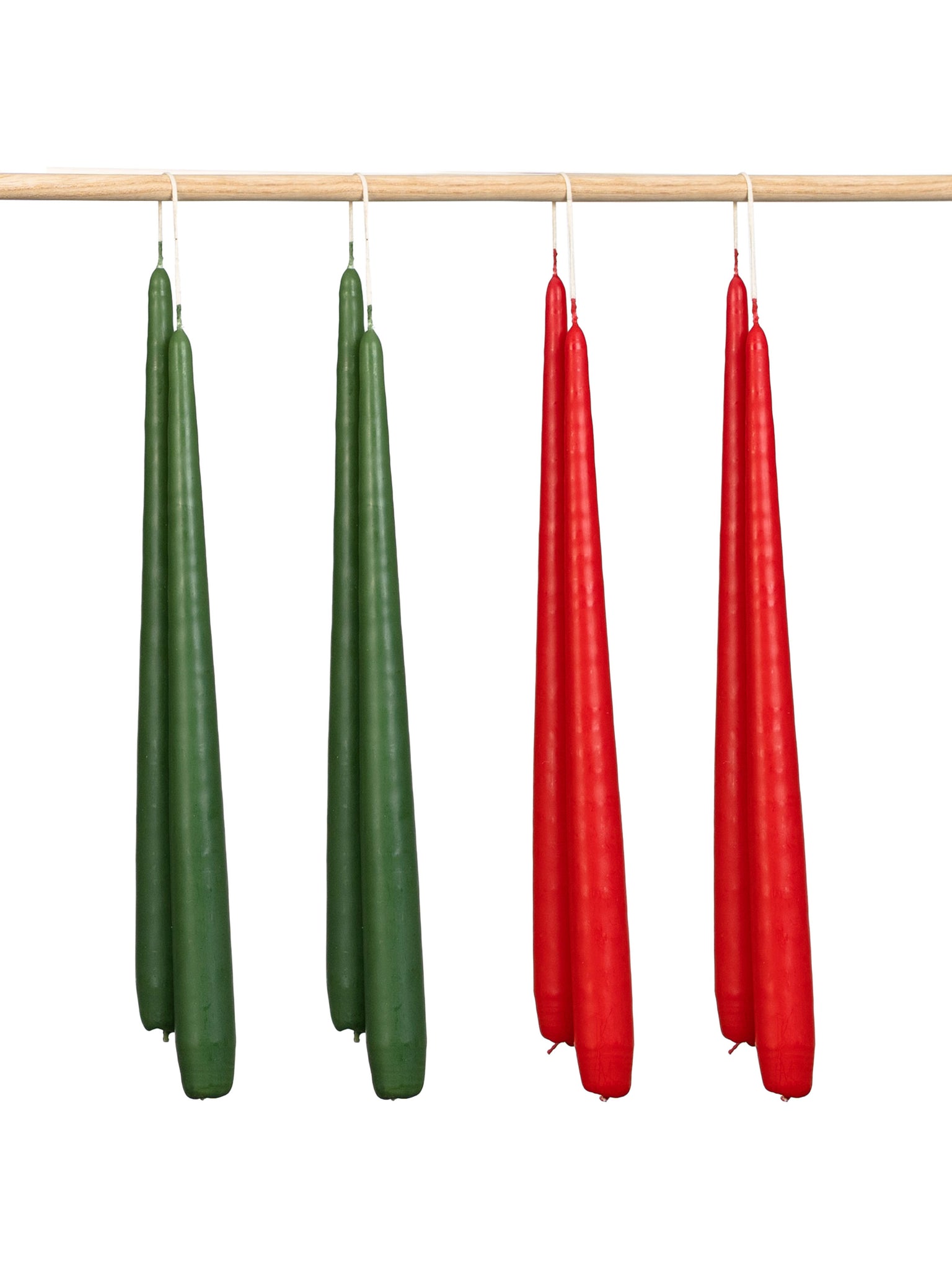 Hand dipped 28cm tapered dinner candle set in red and green