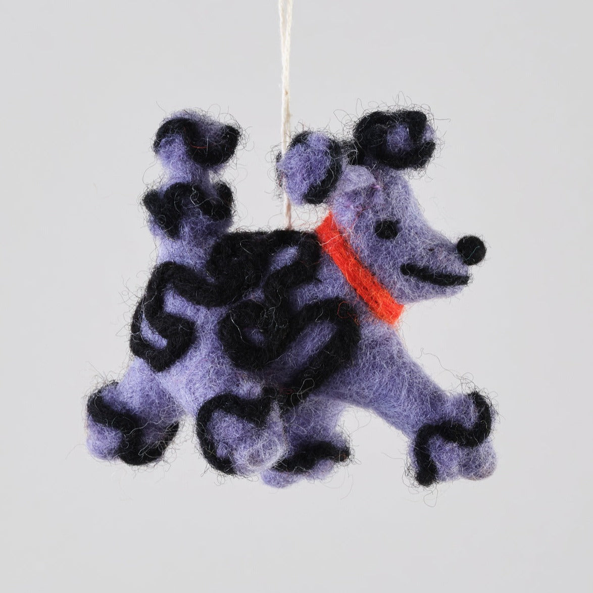 Purple poodle with red collar wool hanging christmas decoration