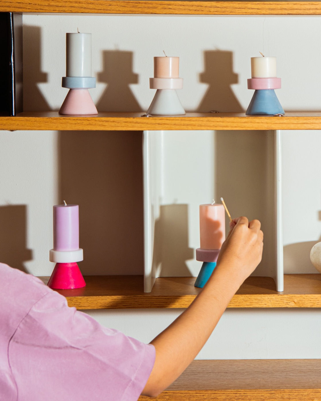 Stack Candles by Yod and Co in pink, cream, grey and blue