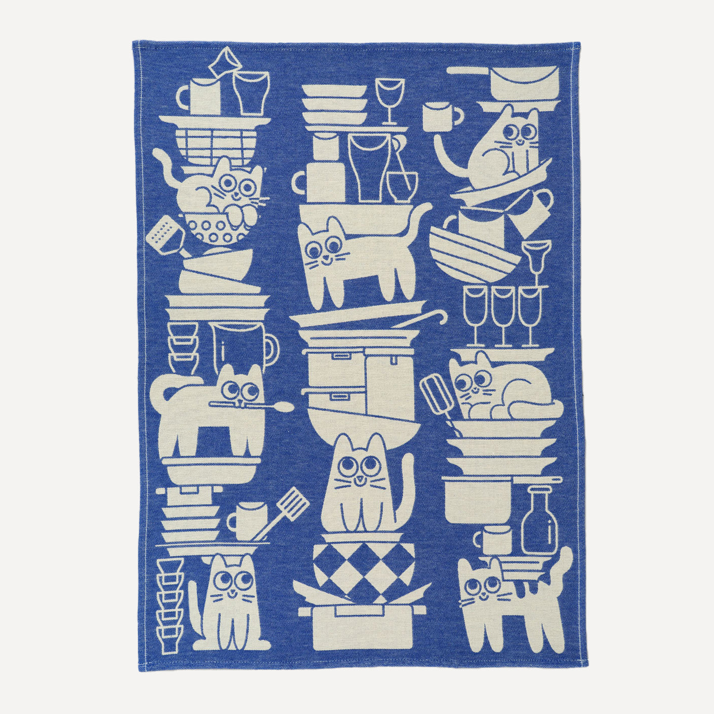 Blue and white cat illustrated tea towel by Elliott Kruszynski for Wrap Magazine