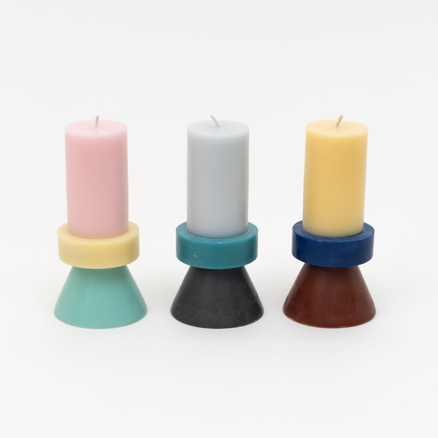 Stack Candle Tall, shaped candles by Yod and co in pink, yellow and turquoise