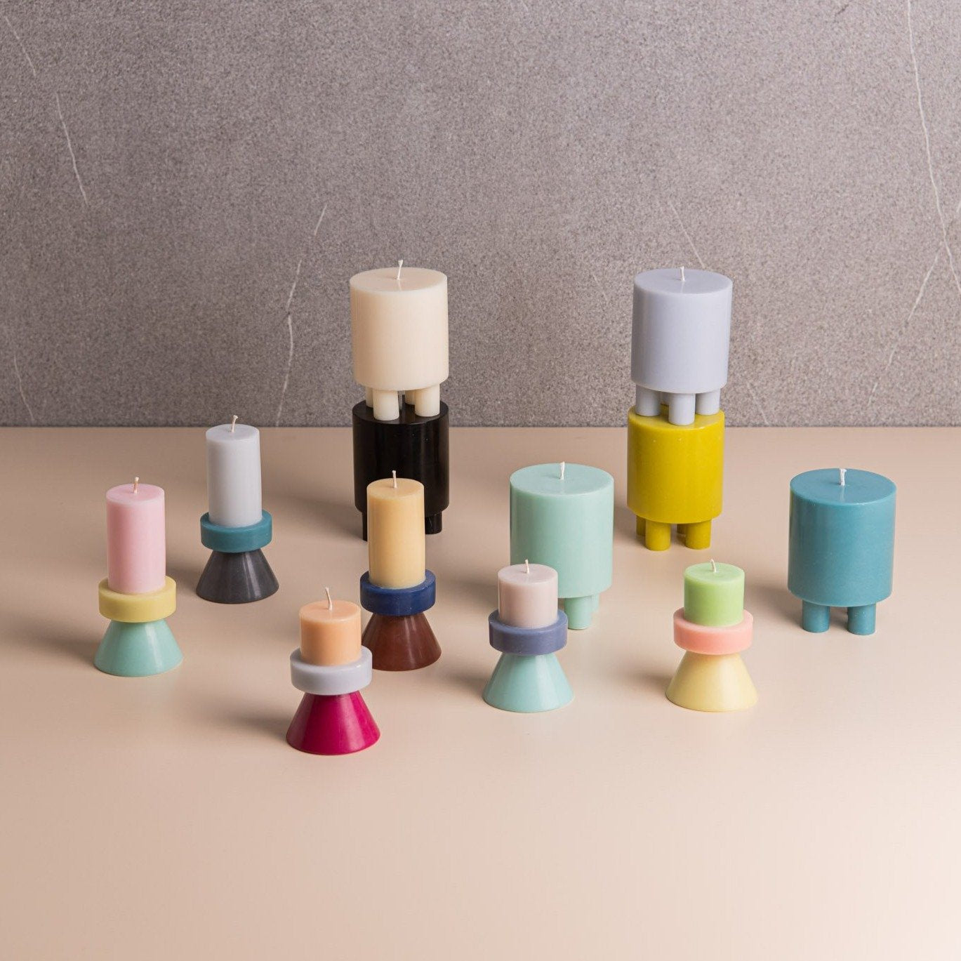 Stack Candle Tall, shaped candles by Yod and co in pink, yellow and turquoise