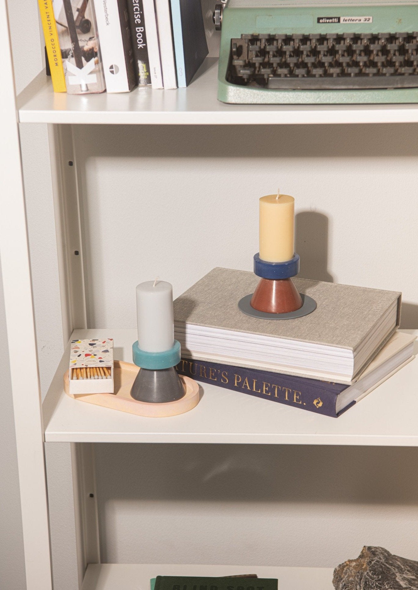 Stack Candle Tall, shaped candles by Yod and co in yellow, navy, brown