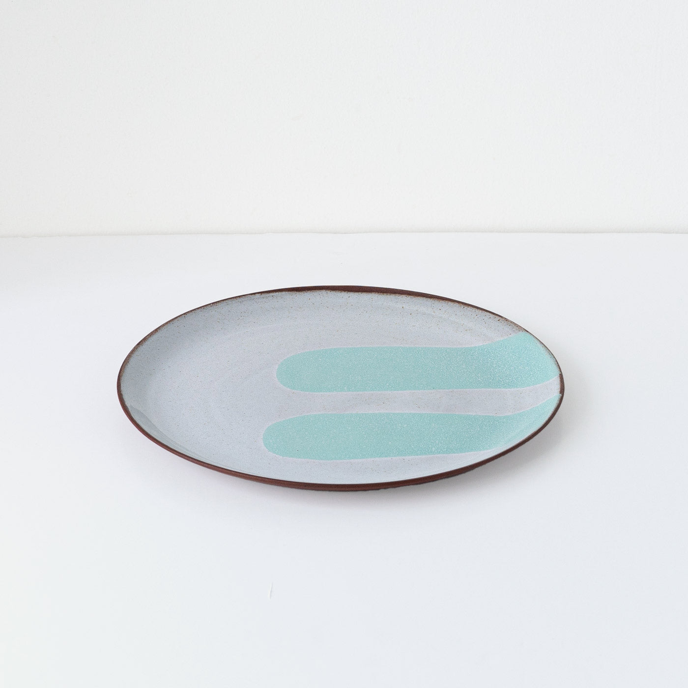 Silvia K hand made terracotta plate with white and 2 turquoise decor